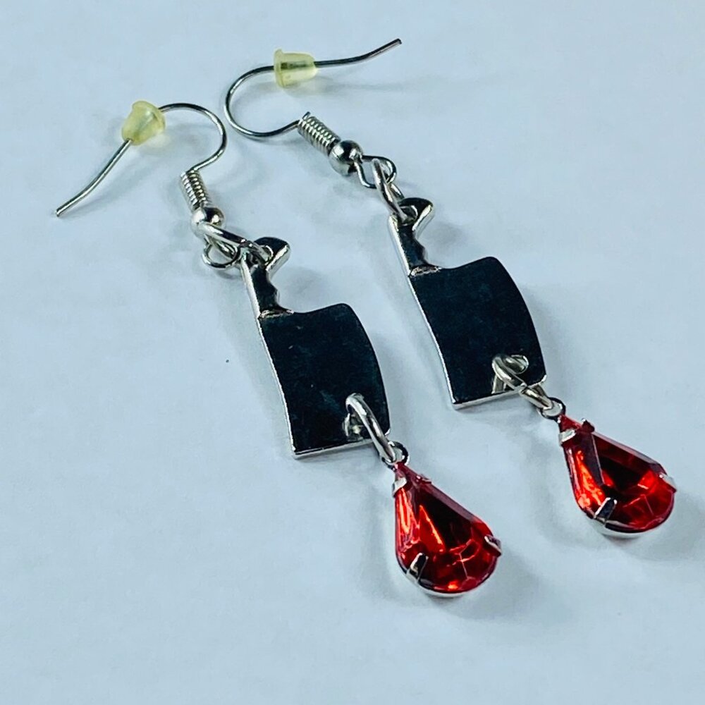 Meat Cleaver Earrings Pierced Hooks Dangle Drop Bead Halloween Whimsical Party - Picture 8 of 13